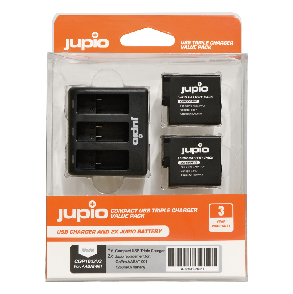 Jupio Kit : GoPro HERO5/6/7 & HERO (2018) (2x) Pile + Triple chargeur USB