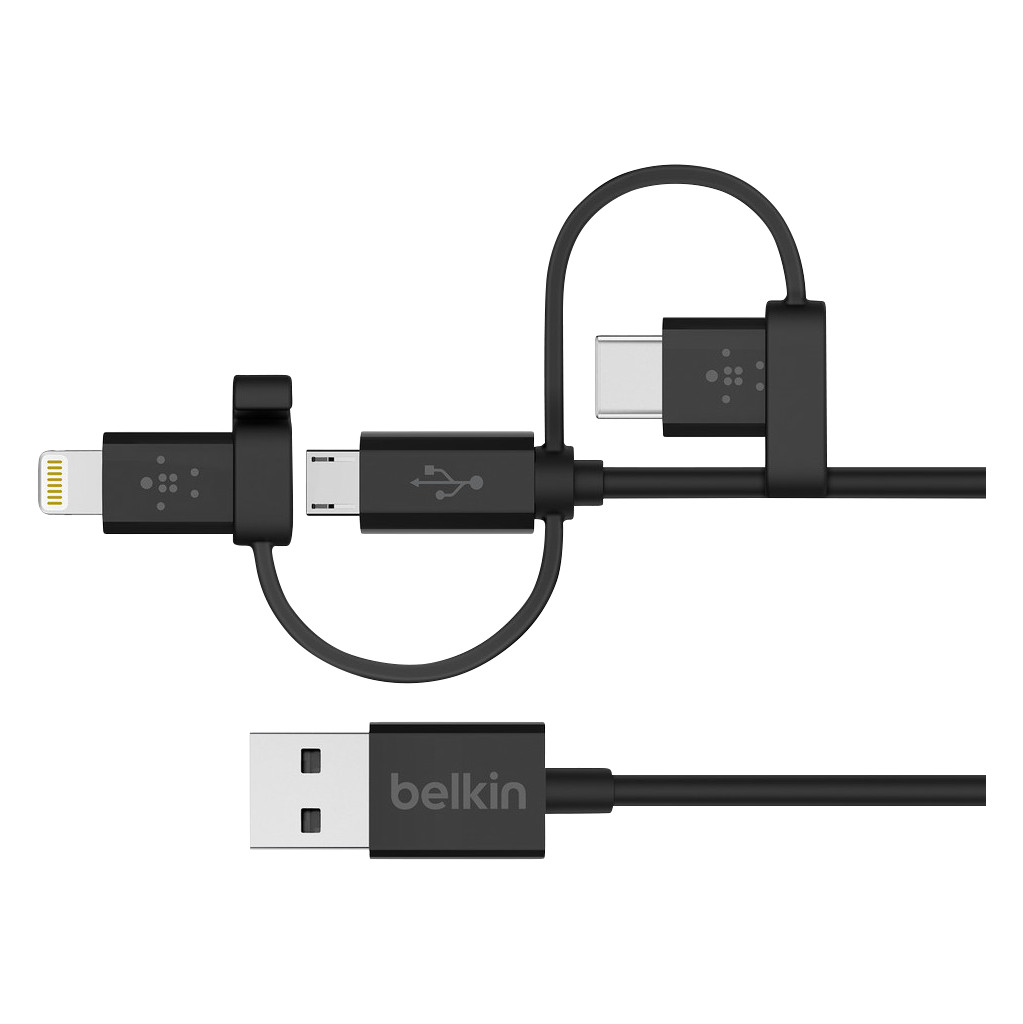 Belkin 3 in 1 Micro-USB/Lightning/USB-C kabel Zwart 1.2m Belkin 3 in 1 Micro-USB/Lightning/USB-C kabel Zwart 1.2m