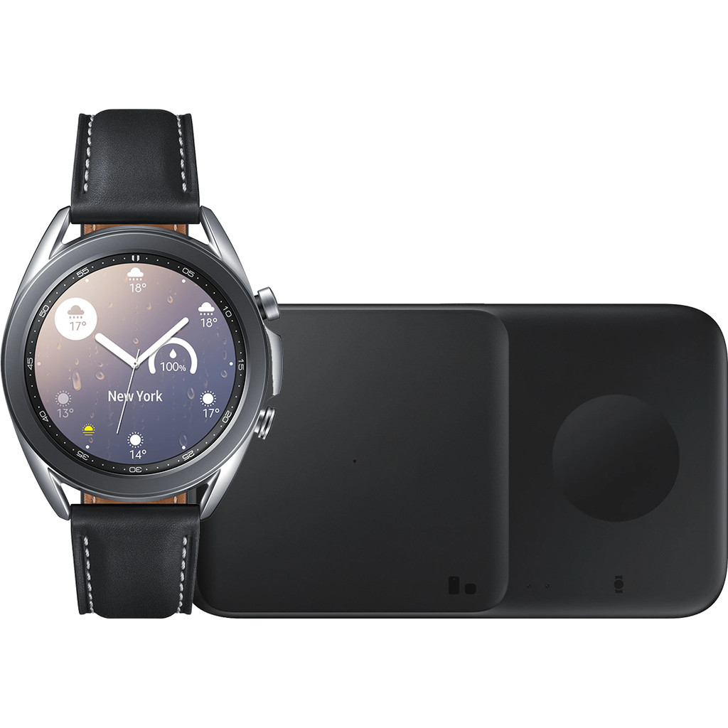 Samsung Galaxy Watch3 Zilver 41 mm + Samsung Draadloze Oplader DUO Pad 9W Zwart