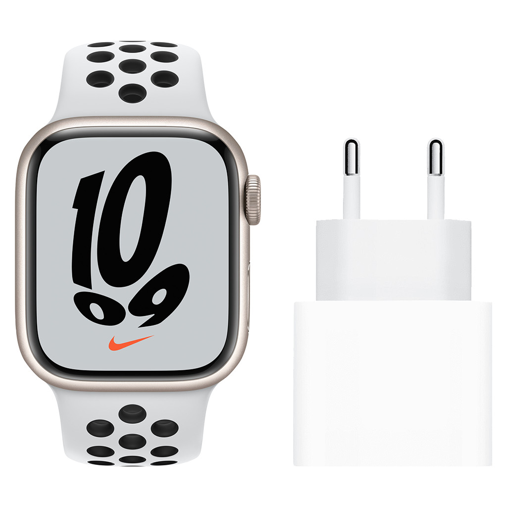 Apple Watch Nike Series 7 41mm Witgoud Aluminium Witte Sportband + Apple Usb C Oplader 20W