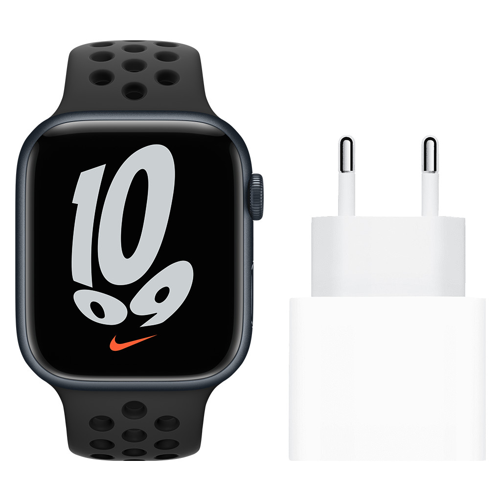 Apple Watch Nike Series 7 4G 45mm Middernacht Zwarte Sportband + Apple Usb C Oplader 20W