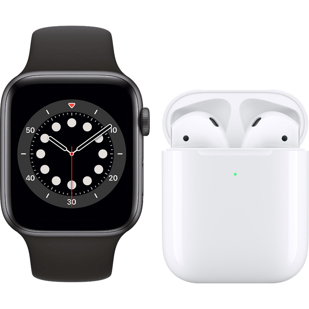 Apple Watch Series 6 44mm Space Gray Zwarte Sportband + Apple AirPods 2 met oplaadcase