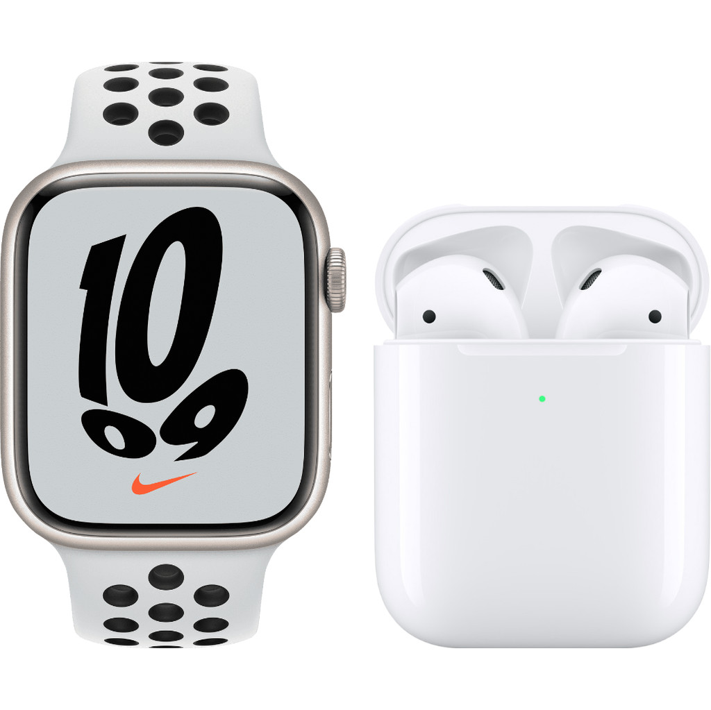 Apple Watch Nike Series 7 45mm Witgoud Aluminium Witte Sportband + Apple AirPods 2