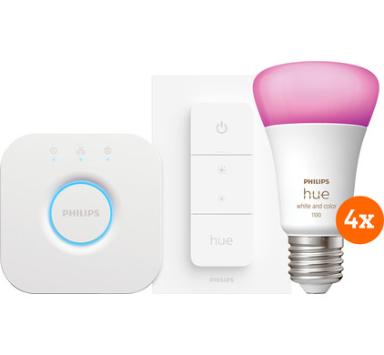 Philips Hue White and Color Starter Pack E27 met 4 lampen, dimmer + bridge