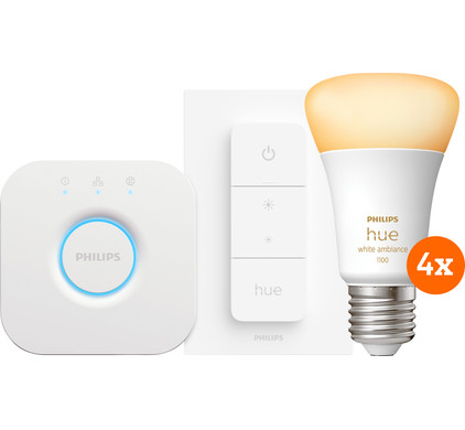 Philips Hue White Ambiance Starter Pack E27 met 4 lampen, dimmer + bridge