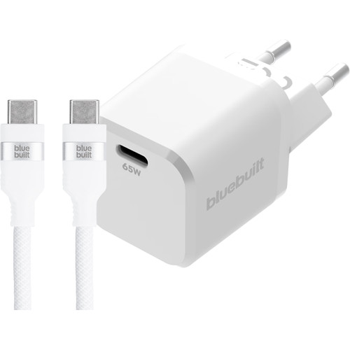 BlueBuilt 65W GaN Usb C Oplader Wit + Usb C Kabel 240W 2m Nylon Wit (thuislader)