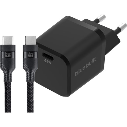 BlueBuilt 65W GaN Usb C Oplader Zwart + Usb C Kabel 240W 2m Nylon Zwart (thuislader)