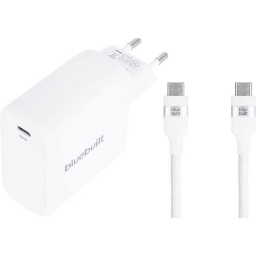 BlueBuilt 100W GaN Usb C Oplader Wit + Usb C Kabel 240W 2m Nylon Wit (thuislader)