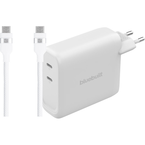 BlueBuilt 140W GaN Oplader met 2 Usb C Poorten Wit + BlueBuilt Usb C Kabel 240W 2m Nylon (thuislader)