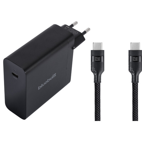BlueBuilt 140W GaN Usb C Oplader Zwart + Usb C Kabel 240W 2m Nylon Zwart (thuislader)