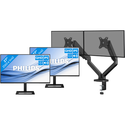 Philips 27E1N1600AE/00 Duo Pack + BlueBuilt Monitorarm Mechanische Veer voor 2 Monitoren