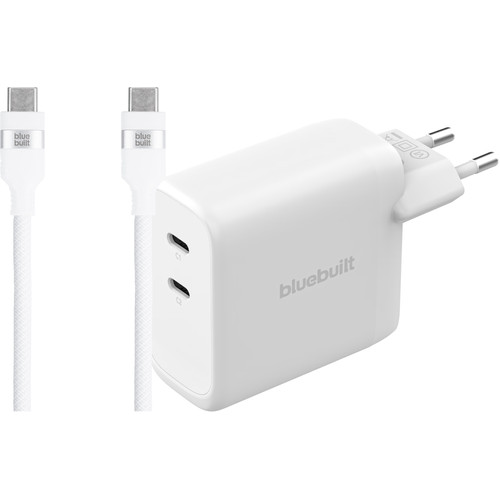 BlueBuilt 100W GaN Oplader met 2 Usb C Poorten Wit + BlueBuilt Usb C Kabel 240W 2m Nylon (thuislader)