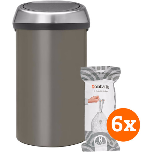 Brabantia Touch Bin 60 Liter Platinum + Vuilniszakken (120 stuks) (prullenbak)