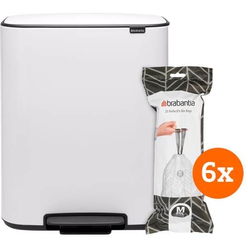 Brabantia Bo Pedal Bin 60 Liter White + Vuilniszakken (120 stuks) (prullenbak)