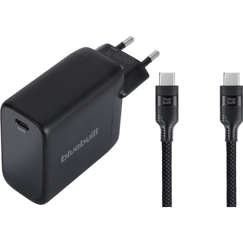 BlueBuilt 100W GaN Usb C Oplader Zwart + Usb C Kabel 240W 2m Nylon Zwart (thuislader)