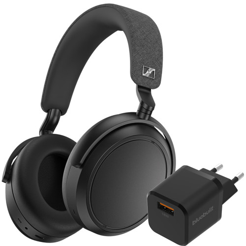 Sennheiser Momentum 4 Wireless Zwart + BlueBuilt Quick Charge Oplader met Usb A Poort 18W (hoofdtelefoon)