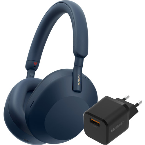 Sony WH-1000XM5 Blauw + BlueBuilt Quick Charge Oplader met Usb A Poort 18W Zwart (hoofdtelefoon)