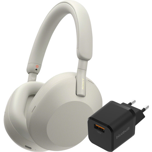 Sony WH-1000XM5 Zilver + BlueBuilt Quick Charge Oplader met Usb A Poort 18W Zwart (hoofdtelefoon)