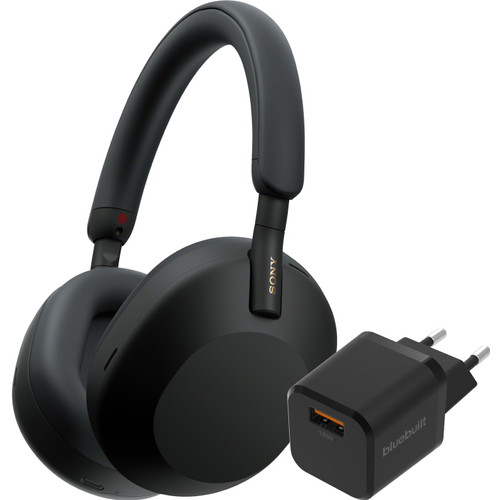 Sony WH-1000XM5 Zwart + BlueBuilt Quick Charge Oplader met Usb A Poort 18W Zwart (hoofdtelefoon)