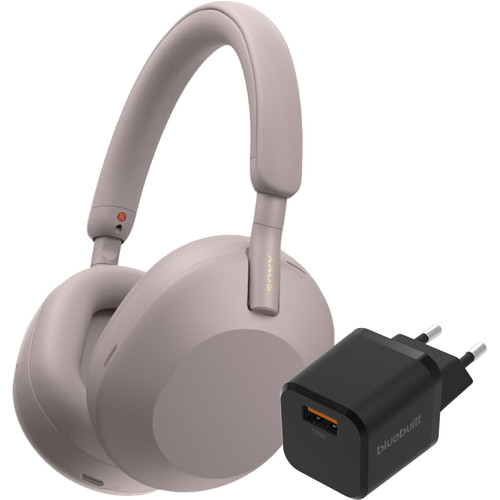Sony WH-1000XM5 Roze + BlueBuilt Quick Charge Oplader met Usb A Poort 18W Zwart (hoofdtelefoon)