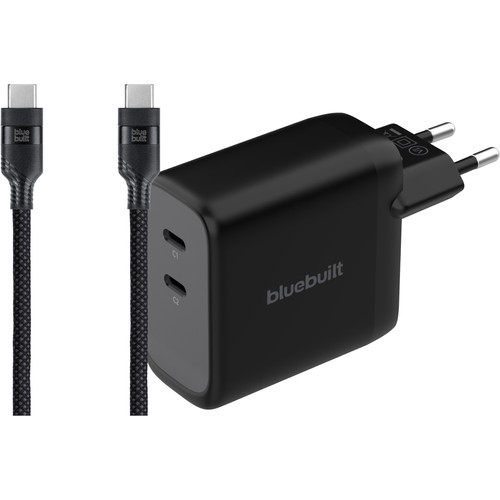 BlueBuilt 100W GaN Oplader met 2 Usb C Poorten Zwart + BlueBuilt Usb C Kabel 240W 2m Nylon (thuislader)