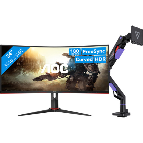 AOC CU34G2XP/BK + Vortech Monitorarm met Gasveer