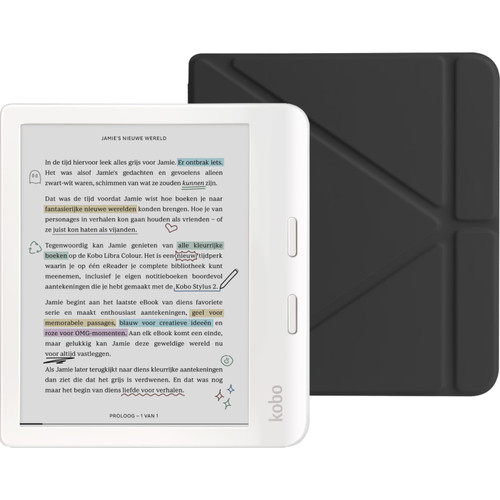 Kobo Libra Colour Wit + BlueBuilt Book Case Zwart (e-reader)