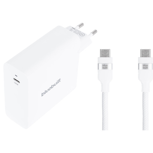 BlueBuilt 140W GaN Usb C Oplader Wit + Usb C Kabel 240W 2m Nylon Wit (thuislader)