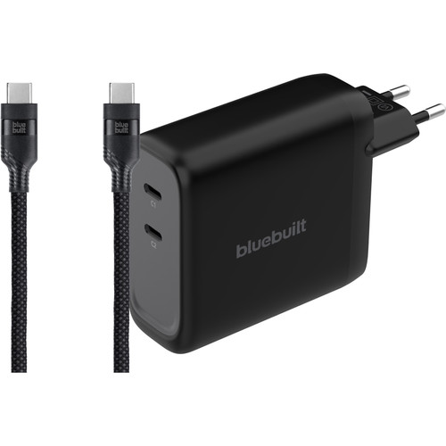 BlueBuilt 140W GaN Oplader met 2 Usb C Poorten Zwart + BlueBuilt Usb C Kabel 240W 2m Nylon (thuislader)