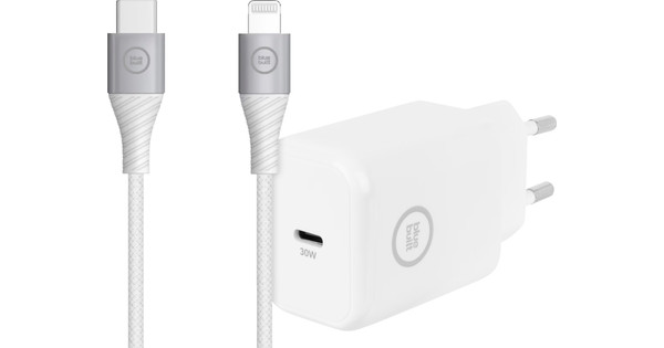 BlueBuilt Chargeur Power Delivery USB-C 30 W Blanc + Câble Lightning Nylon 1,5 m Blanc