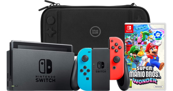 Nintendo Switch Red/Blue + Super Mario Bros. Wonder + BlueBuilt Travel ...