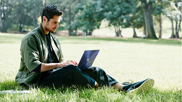 In het gras zittende man werkt in park op Asus laptop. 