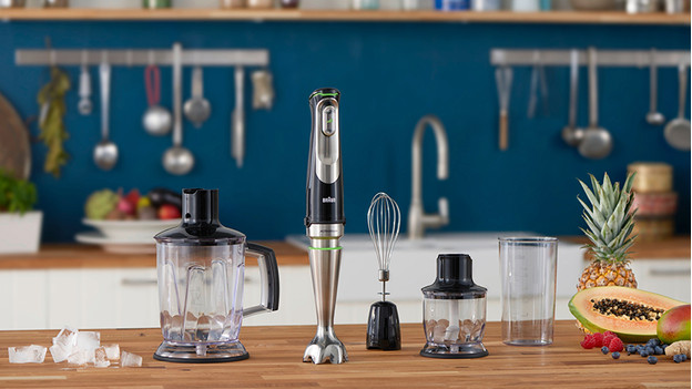 Staafmixer met hakmolen, ballongarde en maatbeker
