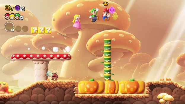 Mario, Peach, and Luigi jump through a world of mushrooms