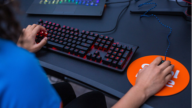 Fille avec clavier et souris gamer.