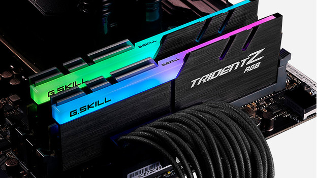 GSkill TridentZ RGB video cards installed on a motherboard.