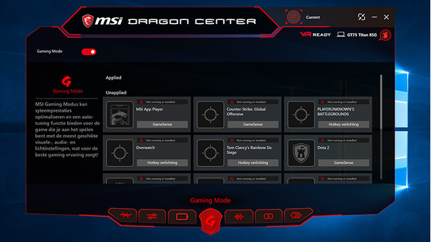 Mode gamer MSI Dragon Center.
