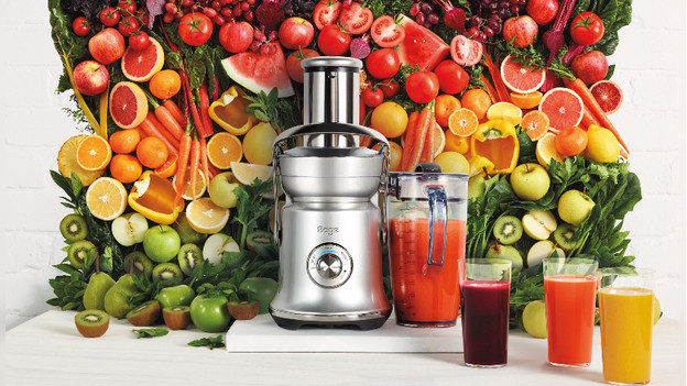 Juicer with fruits and juice