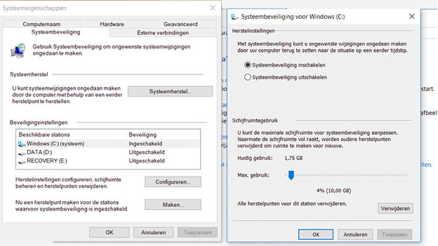 Points de restauration sur Windows 10.