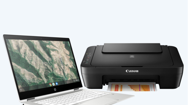 Een Chromebook met een printer. 