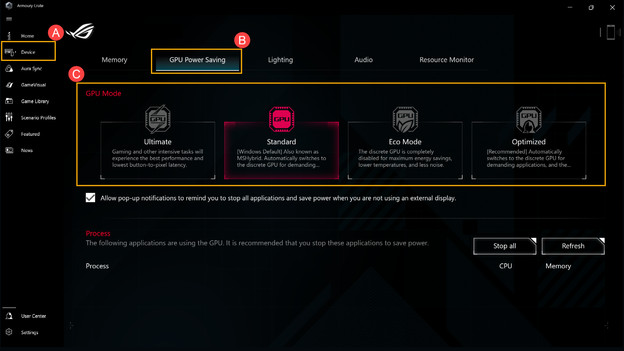 Paramètres avancés de Armory Crate