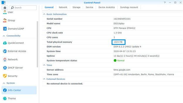 Vérification de la RAM dans l'Info Center Synology