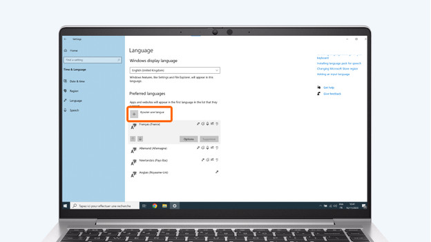 Paramètres de région et de langue sur Windows 10.
