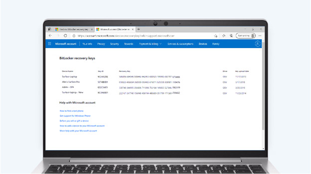 Vous pouvez trouver les clés de récupération de votre compte BitLocker sur le site Microsoft