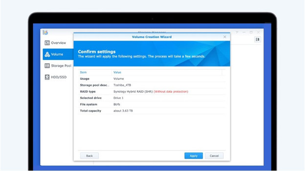 Sélectionnez le pool de stockage dans le menu Volume de Synology