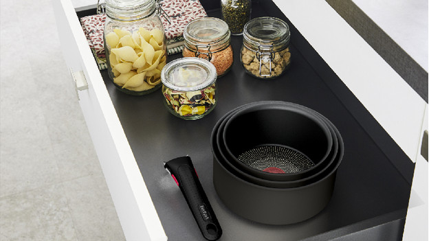 Tefal Ingenio cookware set in kitchen drawer