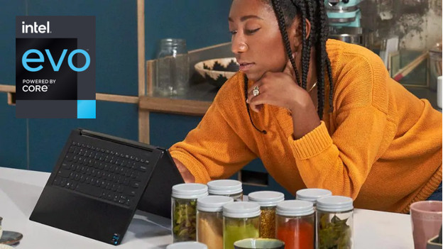 Woman works on an Intel Evo laptop.