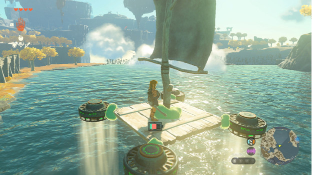 Link sails on a self-made raft with engines