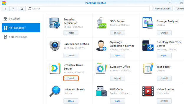 Synology package center voor Drive server