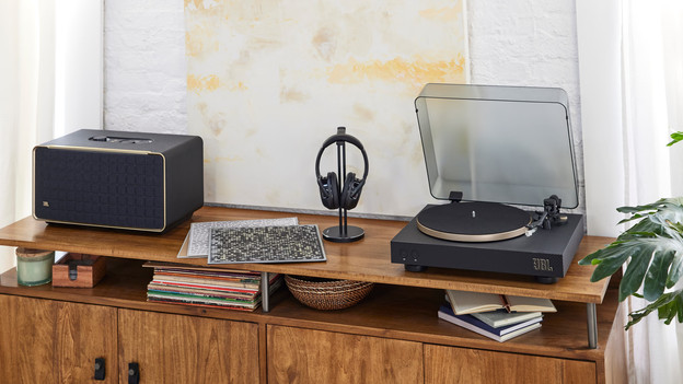 A JBL record player with a JBL Authentics speaker.